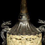 Carved ivory and silver enamelled vase, 19th century