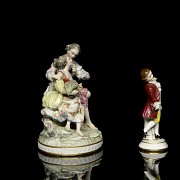 Two enamelled porcelain figurines ‘Lovers and Child’, 20th century