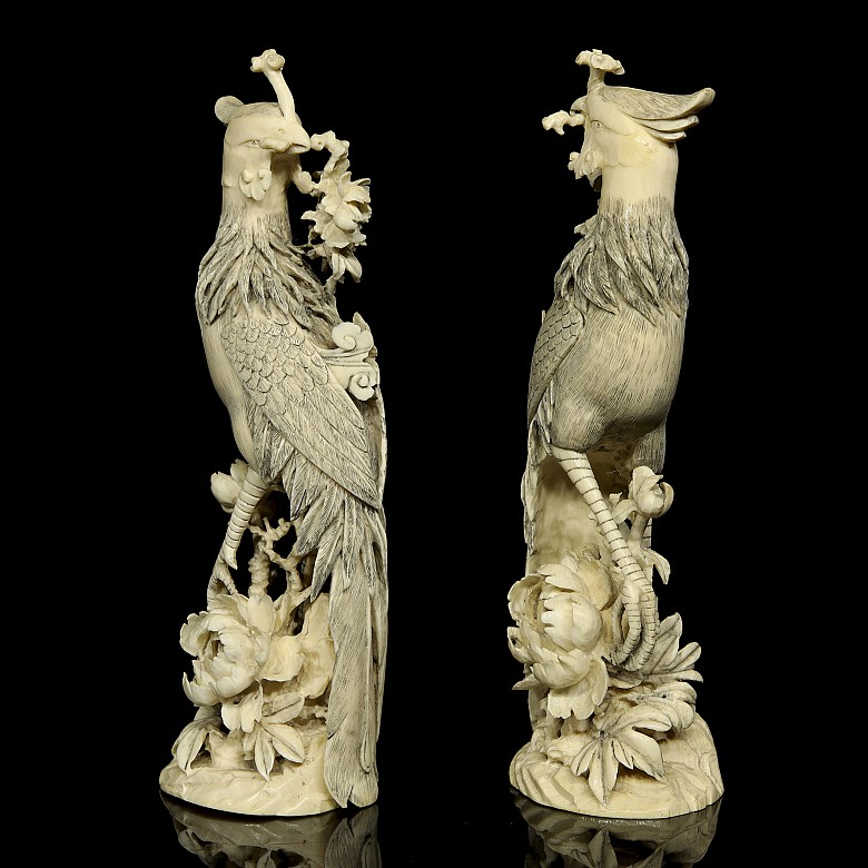 Pair of ivory carvings ‘Phoenix on branch’, early 20th century