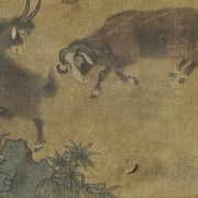 Chinese painting ‘Young Yuan playing with baby rams’, Qing dynasty