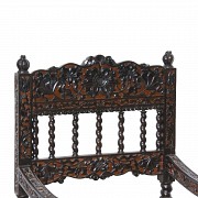 Four chairs with reliefs and grille seat, Asia, 20th century