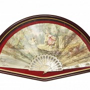 Mother-of-pearl fan with fan holder ‘Cupid on the lake’, 20th century