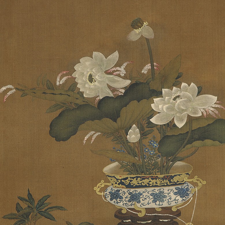 Chinese painting ‘Still-life of lotuses and peaches’, Qing dynasty