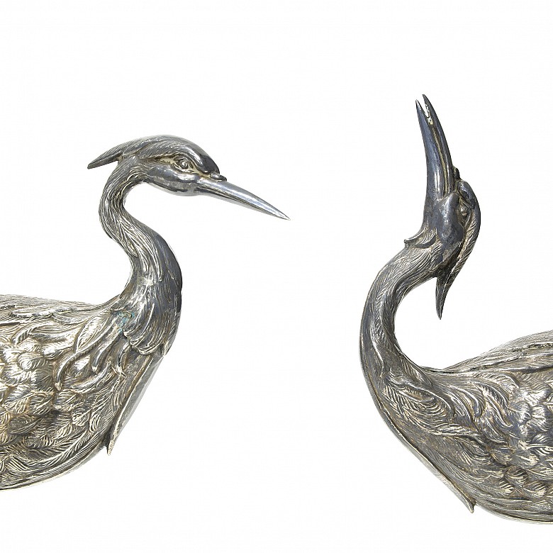 Pair of herons in Spanish silver, 20th century