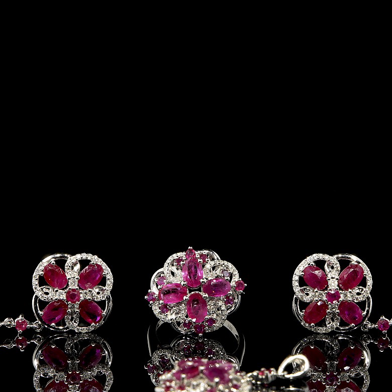 Set of ruby and diamond earrings, ring and pendant