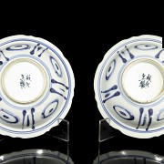 Pair of plates, blue and white, with landscapes, 20th century