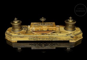 Double inkwell in yellow marble, Empire style, 19th century