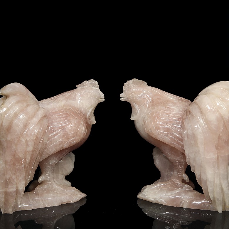 Pair of carved quartz roosters, China.