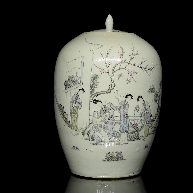 Vase with lid, pink family, ‘Ladies and poem’, 20th century