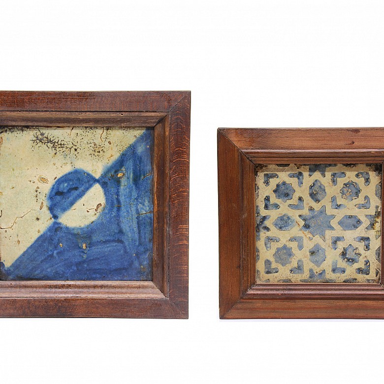 Two blue and white glazed ceramic tiles, 15th century