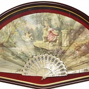 Mother-of-pearl fan with fan holder ‘Cupid on the lake’, 20th century