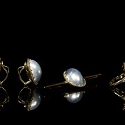 Conjunto de pendientes, aguja y anillo de madre perla