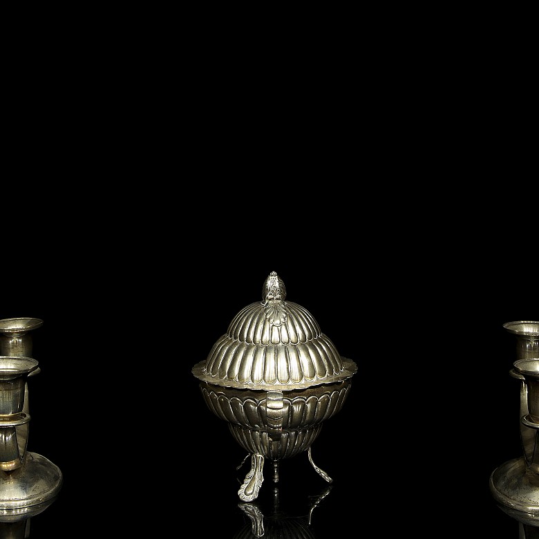 Two candlesticks and a silver vessel, 20th century