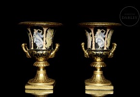 Pair of Sevres style porcelain urns, early 20th century