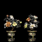 Pair of flowerpots with stone bonsai trees, 20th century