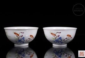 Pair of ‘Flowers and lingzhi’ famille rose bowls, Qing dynasty