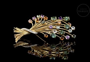 Brooch ‘Bouquet’ in yellow gold with coloured stones