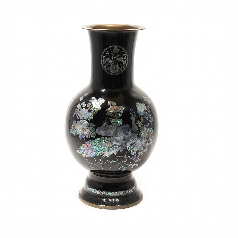 Large bronze enameled vase with pearl oyster inlay.