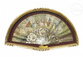 Mother-of-pearl fan with fan holder ‘Society Scene’, 20th century