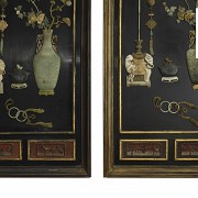 Pair of lacquered wood panels with jade, Qing dynasty.