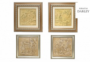 Vicente Andreu. Four wood carvings with frame, 20th century