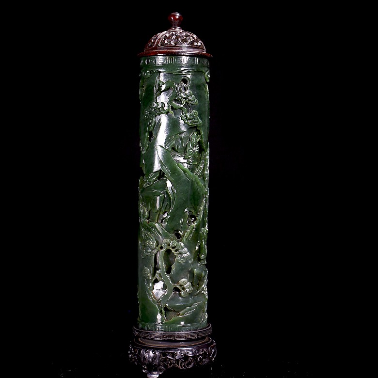 Pair of spinach green jade incense burners, Qing dynasty