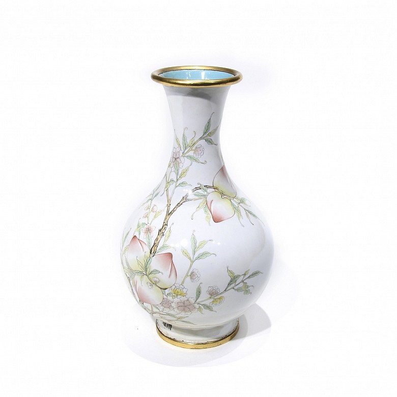 Enameled metal vase with peaches, 20th century