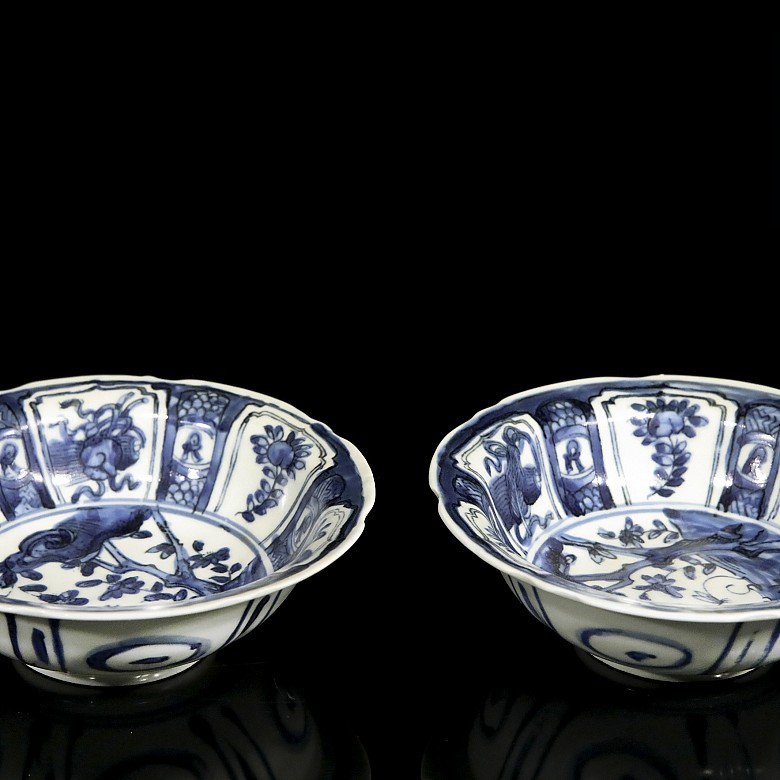 Pair of plates, blue and white, with landscapes, 20th century