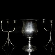 Set of silver-plated metal candlesticks and goblet, 20th century