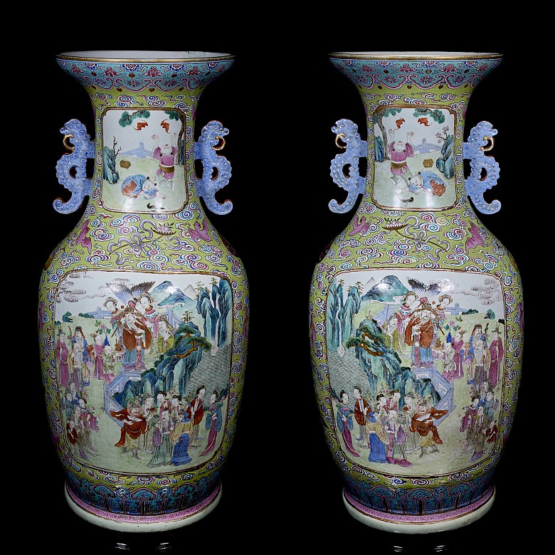 Pair of large enamelled ‘Celebration’ famille rose vases, Qing dynasty