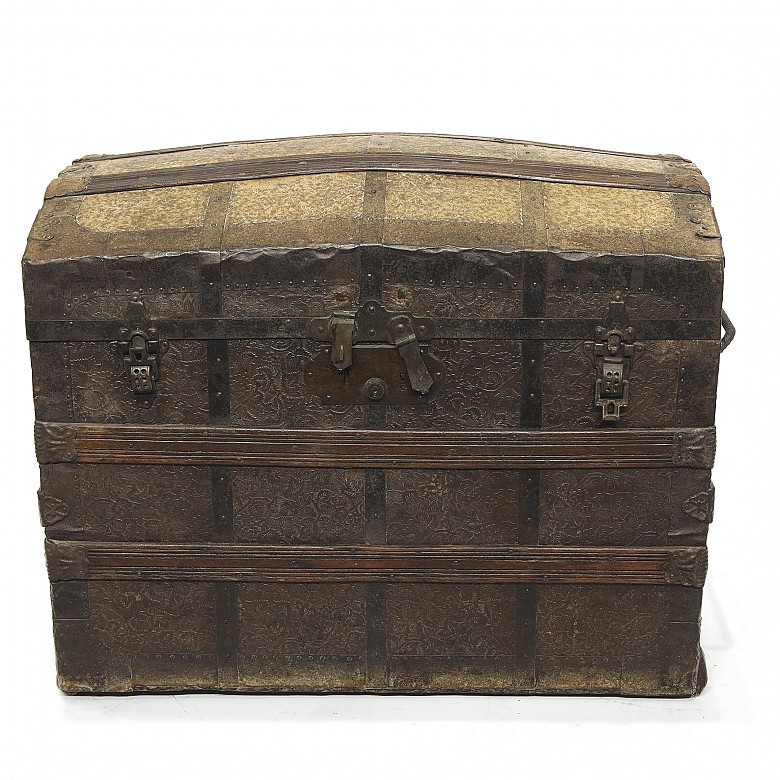 Metal and embossed leather chest, 19th century