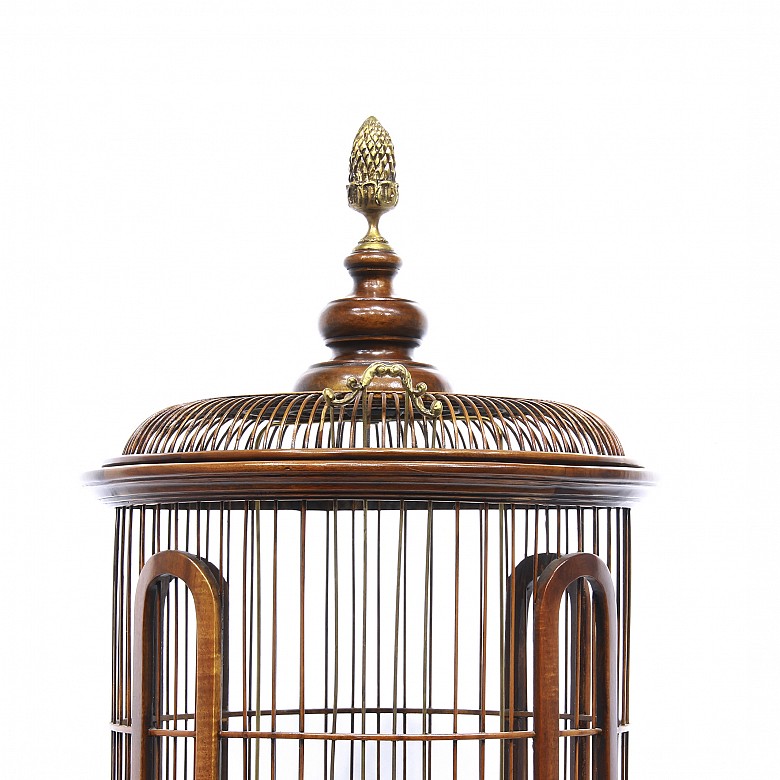 Wood and brass bird cage.