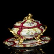 French porcelain tureen with oval dish, 20th century