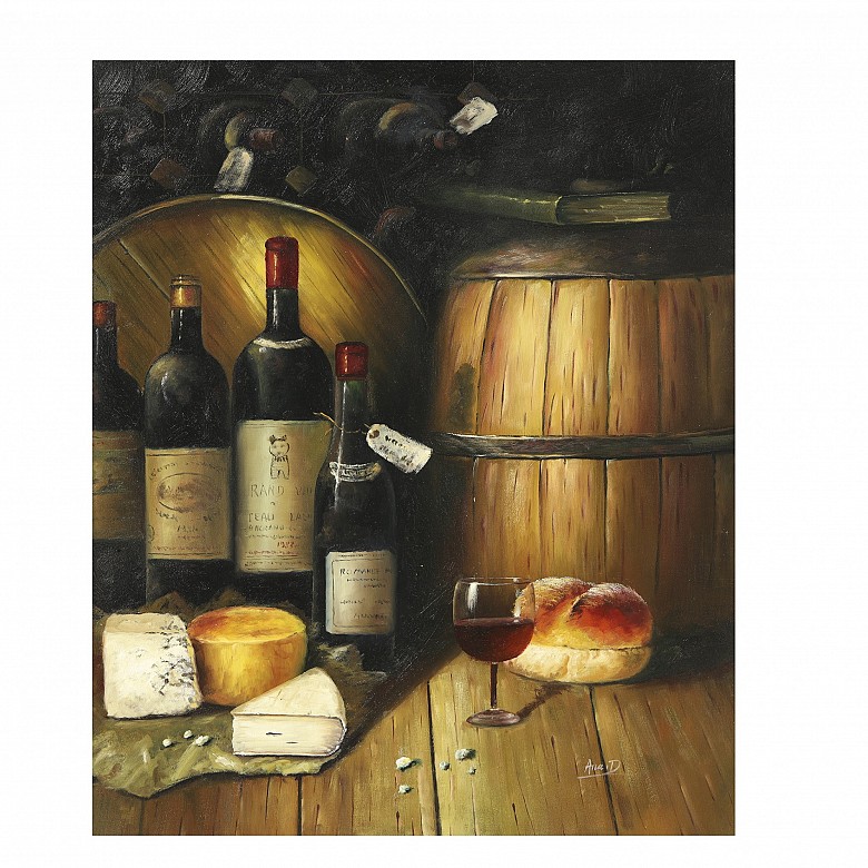 Ana D. (20th century) ‘Still life with wine and cheese’