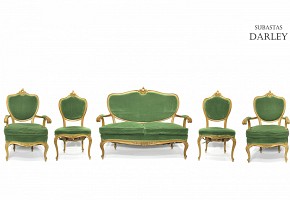 Seating furniture group upholstered in green velvet, 20th Century