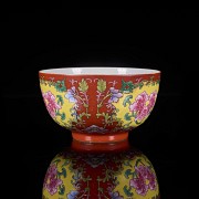 Enamelled bowl with coral background, famille rose, Qing dynasty