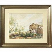 Watercolor (20th century) “Country landscape with house”