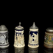 Four German beer steins ‘’Scenes‘’, 20th century