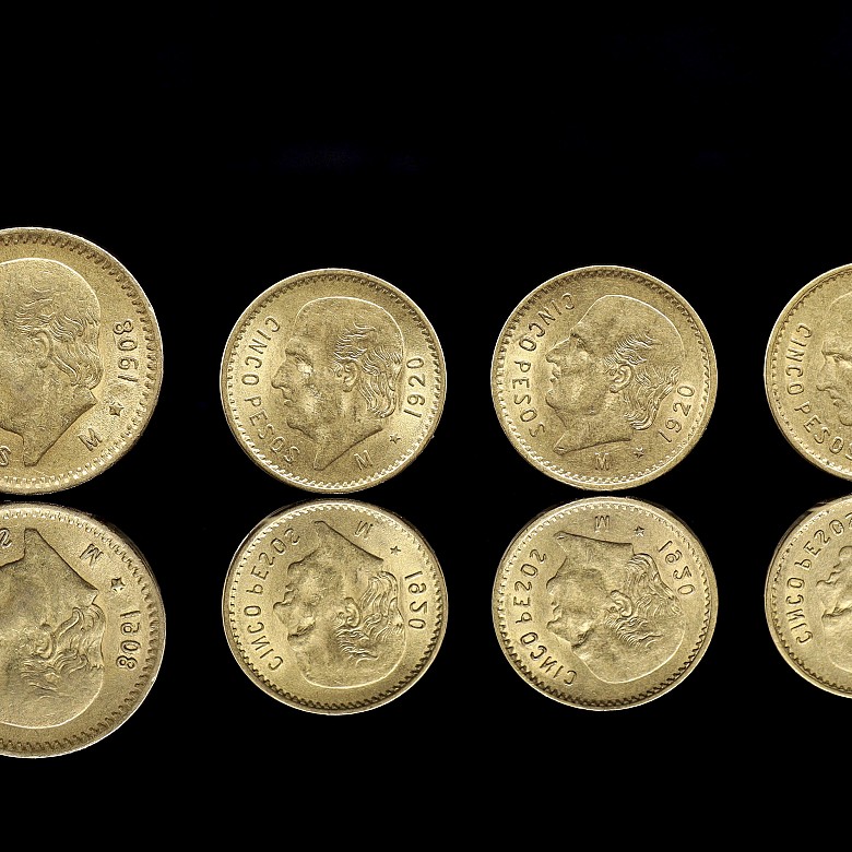 Four gold coins ‘Five and ten Mexican pesos’