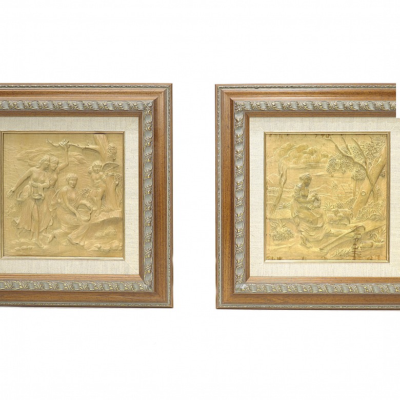 Vicente Andreu. Four wood carvings with frame, 20th century