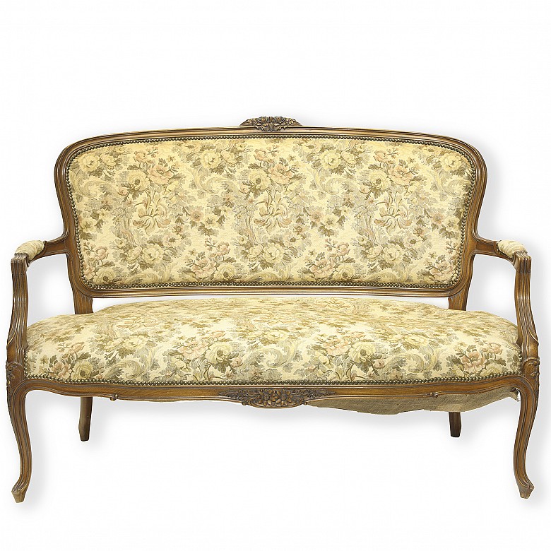 Set of wooden sofa and chairs with floral upholstery, 20th century