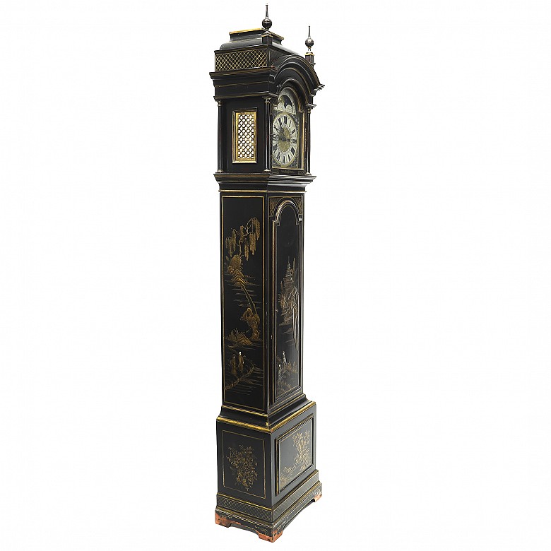 Lacquered tall case clock with oriental-style decoration, 20th century