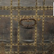 A wood and leather trunk, 18th century