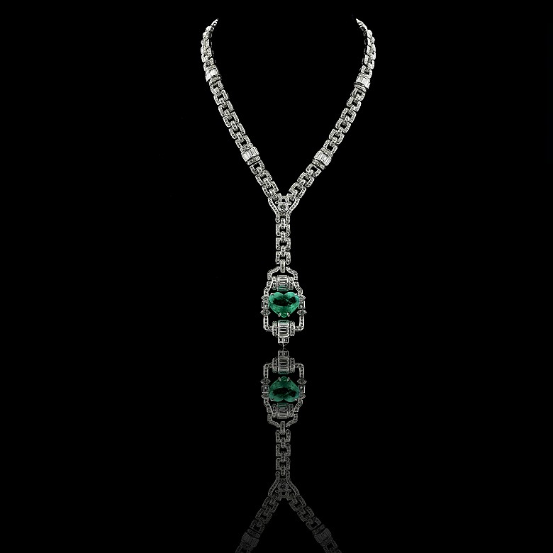 Magnificent diamond and emerald necklace, in 18k white gold