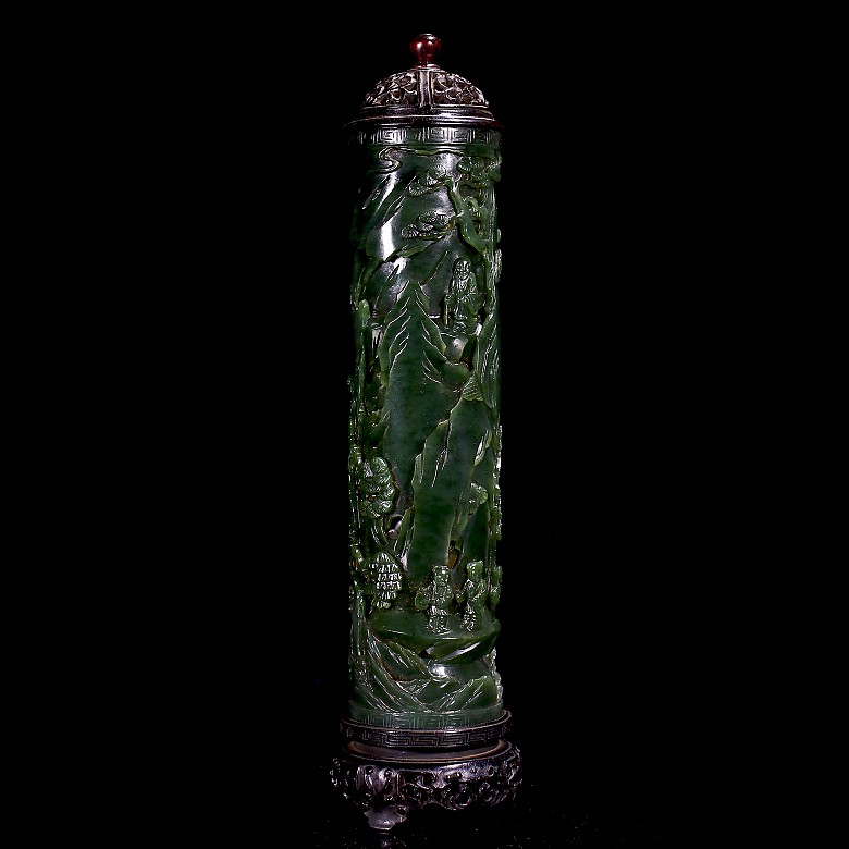 Pair of spinach green jade incense burners, Qing dynasty